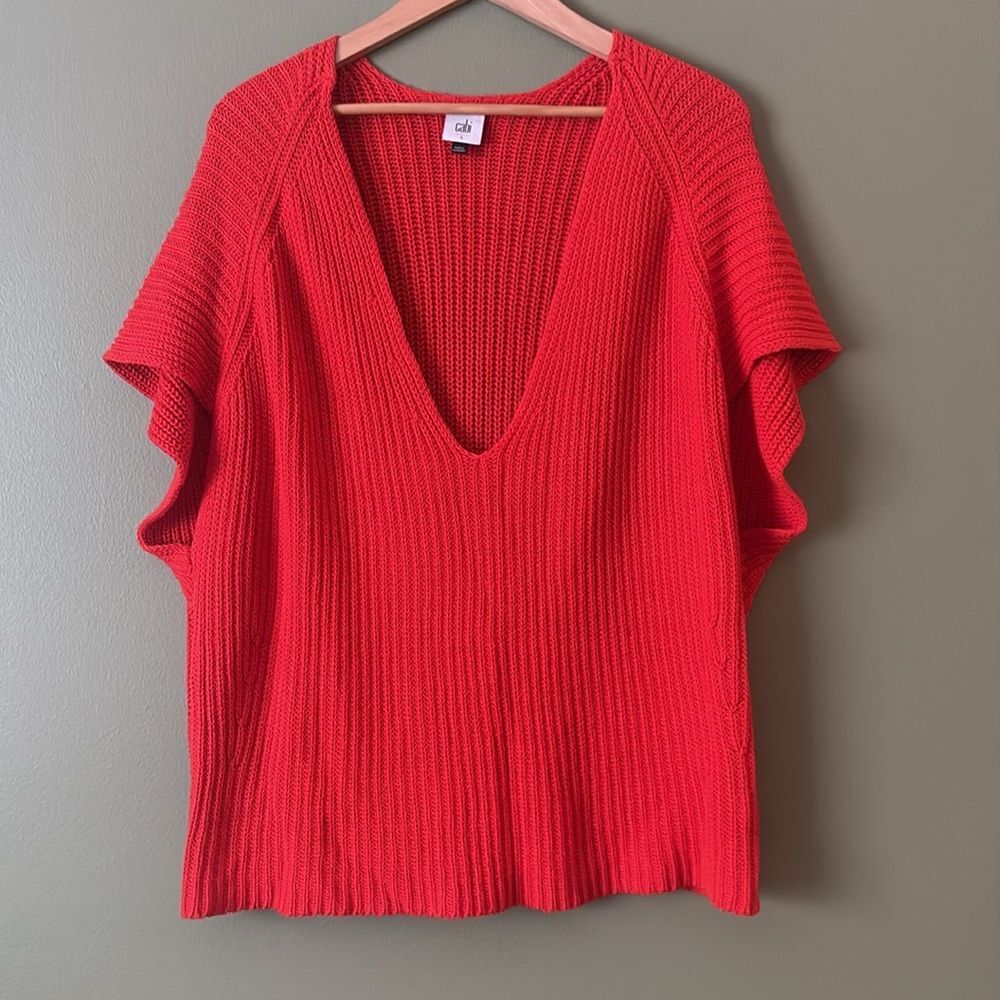 Cabi 5837 Ruby Red Pullover Short Sleeve Knit Sweater Vneck Oversized Sz L - Picture 2 of 7